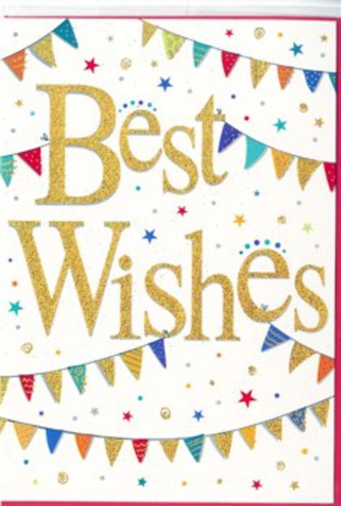 The congratulations card in this image captures the spirit of a friendly community gathering in Cheshunt, distilled onto fresh white cardstock. At the centre, the phrase Best Wishes is rendered in generous, flowing gold script, its letters slightly raised with an embossed finish. The gold itself is warm and luminous, touched with a delicate layer of glitter that sparkles where light falls, yet remains refined, much like the soft glimmer of sun over the trees around Grundy Park. The curves of the lettering feel confident and open, giving the sentiment a personal, heartfelt tone. Encircling this central message, strings of bunting arc lazily across the top and bottom portions of the card, creating an informal frame. Each tiny triangular pennant is painted in a bright, saturated hue-vivid reds and blues, lively greens, golden yellows, and punchy pinks-some featuring petite patterns such as stripes, dots, or tiny geometric shapes. They look like miniature party flags you might see strung between houses for a local celebration off Turners Hill, swaying softly in a light breeze. Between these strands of bunting, the designer has sprinkled small star shapes and confetti dots in complementary colours, some with subtle metallic accents. Their irregular distribution suggests a handful of confetti suspended mid-air, capturing a fleeting moment of happiness. The white background provides generous breathing room, lending the card a clean, contemporary feel that balances the playful decorations. Altogether, the design conveys a mood of bright optimism and celebration, suitable for many joyful occasions-a new job in London celebrated back home in Cheshunt, a new home, or milestone achievement. Paired with fresh blooms, this card would quietly yet clearly express warm wishes, sharing in the recipient's success with genuine cheer.