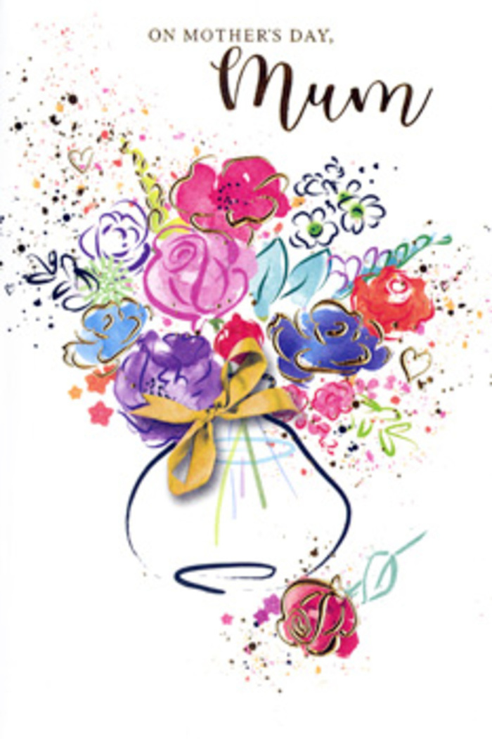 Expressive Mother's Day card design portraying a colourful, artistic bouquet that captures the spirit of a hand-crafted arrangement made for a Cheshunt family celebration. The flowers are painted with sweeping, gestural strokes, giving the impression of a florist's quick yet heartfelt sketch translated into watercolour. Rich cerise, hot pink, and soft blush blooms form the heart of the bouquet, their petals edged with deep indigo lines that subtly define each layer without losing the looseness of the medium. Between them, clusters of lavender, sky blue, and lilac blossoms create a soothing counter-melody of colour, reminiscent of early spring borders around Cheshunt's leafy streets. Small touches of apricot and sunlit yellow peek through the mix, adding warmth and hinting at the first strong rays of May sunshine. Slender hints of fresh green foliage weave throughout, some leaves merely suggested by a curve of pigment or a quick indigo stroke. Finely drawn golden accents highlight the outer edges of petals and leaves, catching the imaginary light and lending a luxurious sparkle, like the glint of jewellery worn on a special Mother's Day outing. The bouquet gathers into a whimsical vase washed in pale tones, its lower edge defined by a delicate golden bow that calls to mind the final flourish a florist ties around a finished gift. Scattered around the main cluster are small hearts, ink splashes, and playful droplets of colour, creating a sense of joy, movement, and affectionate chaos similar to a busy kitchen on Mother's Day morning in Cheshunt. This card feels like an artistic keepsake, a bouquet that will not wilt, holding within its colours the feelings of gratitude, admiration, and enduring love between mother and child.