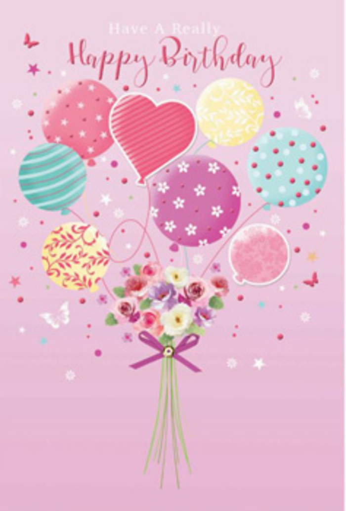 There is a gentle atmosphere of jubilation in this birthday-themed floral illustration, the sort of easy happiness you might feel during a relaxed celebration in Cheshunt. The backdrop is a smooth wash of soft pink, over which a cluster of pastel balloons rises gracefully, giving the sense of uplift and light-hearted fun. Each balloon is distinct: some show twirling bands of candy-like stripes, others are dotted with cheerful spots or embellished with delicate floral and swirl motifs. The colours-pale sunshine yellow, rosy pink, sea green, and lavender-melt into one another without harsh edges, creating a calm yet festive mood. Cradled beneath these airy shapes is a hand-tied bouquet, composed of petite roses and daisy-like flowers shaded from creamy ivory into blush and gentle mauve. Their petals appear velvety and plump, as though freshly cut that morning and arranged by a skilled florist preparing same-day birthday delivery across Cheshunt and the surrounding lanes near Brookfield. A sparkling purple satin bow cinches the slender stems at the base, its sheen catching the light in a way that balances the shine of the balloons above. Floating star shapes and whimsical butterflies wind through the composition, adding a soft, storybook charm, like a birthday wish carried along the breeze over Cheshunt's gardens and parks. The whole scene feels thoughtfully composed, blending floral artistry with festive design to create more than just an image-it becomes a tender visual message of happy birthday, filled with colour, light, and affection.