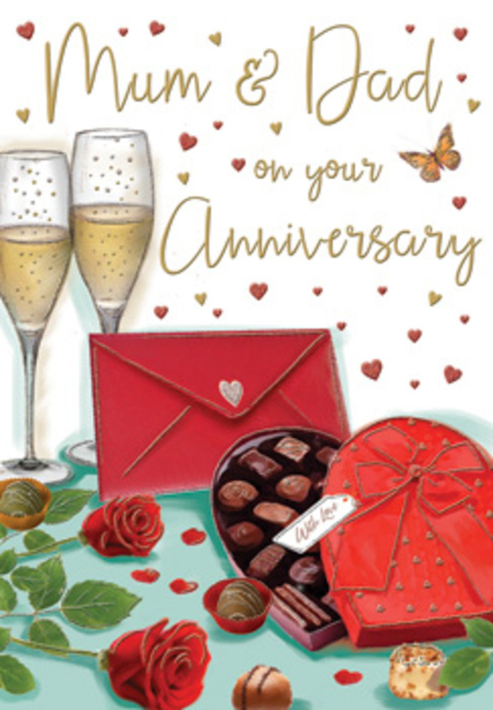 The illustrated anniversary card pictured here creates a warm, romantic tableau that feels at once elegant and homely, as if it might be waiting on a kitchen table in Cheshunt after a thoughtful surprise. At the top of the composition, two tall champagne flutes rise side by side, their slender silhouettes outlined with soft highlights that catch a golden glow. Within each glass, champagne effervesces, tiny bubbles rising through the pale liquid and suggesting the instant just before glasses meet in a celebratory clink. Below, a heart-shaped box of chocolates anchors the scene. Its deep crimson casing is tied with a lush ribbon bow, the satin-like loops and trailing ends echoing the curves and folds of flower petals. The lid is slightly ajar, revealing rows of chocolates in a palette of velvety browns, each piece rounded and smooth, arranged as neatly as truffles in a luxury gift box from a local High Street shop. Resting alongside are two generously bloomed red roses, their petals richly layered and softly shaded, framed by glossy green leaves that bring in a hint of garden freshness reminiscent of walks through Cheshunt's parks and open spaces. A few individual chocolates are scattered nearby, suggesting a moment of shared indulgence. In the foreground, a bright red envelope lies sealed, clean, and inviting, implying a handwritten anniversary greeting to Mum & Dad. Scattered across the warm, cream backdrop, small gold and crimson hearts drift like delicate confetti, adding movement and romance. The overall effect is one of gentle luxury and heartfelt gratitude, capturing the essence of an anniversary celebrated quietly but meaningfully at home.