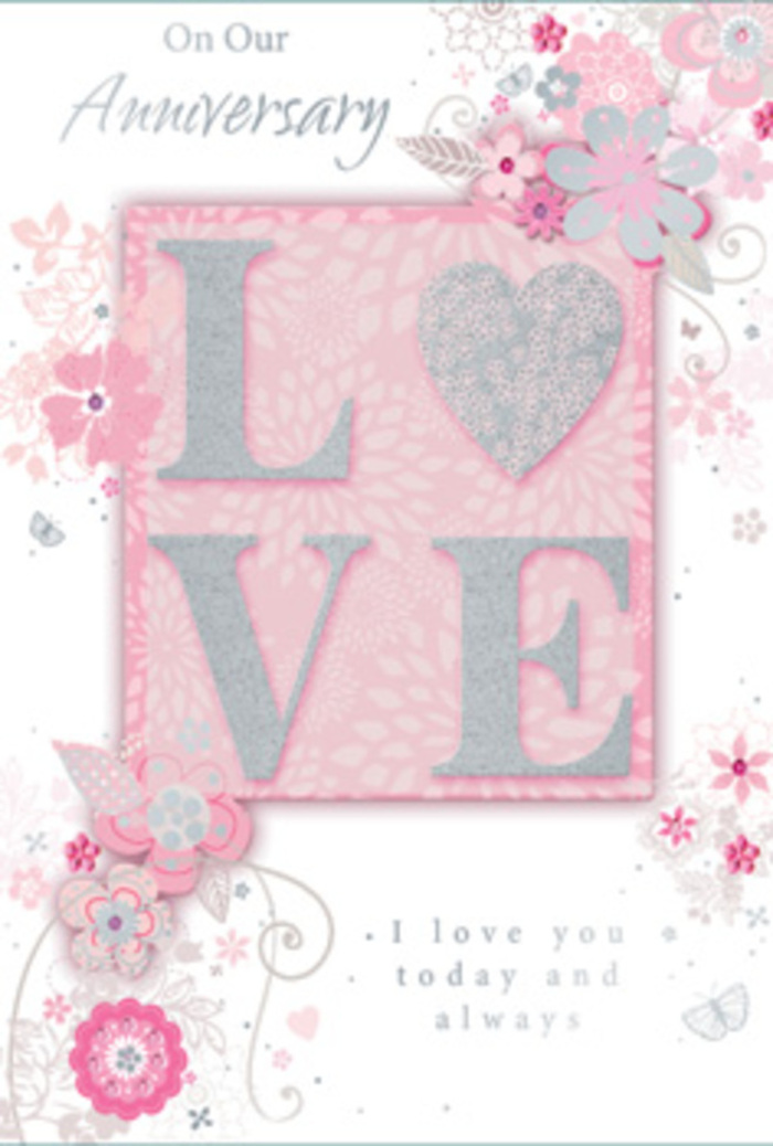 The anniversary card portrayed here carries an air of quiet celebration, as if created specifically for couples in Cheshunt who appreciate subtle romance and thoughtful detail. At the centre of the design stands the word LOVE, its letters raised from the surface with an embossed texture that feels pleasingly substantial under the fingertips. Each letter is adorned with a delicate dusting of glitter, softly shimmering in tones of blush pink, creamy white, and cool silver, recalling the way candlelight reflects off glass vases during a cosy anniversary meal at home. Encircling this focal word is a light, swirling arrangement of stylised blooms and foliage. The flowers are outlined with fine, graceful strokes in pale grey and soft white, then gently shaded in blush pinks and muted mauves that blend harmoniously with the background. They do not depict specific varieties, but suggest roses, tiny blossoms, and airy sprays often chosen for romantic bouquets. The foliage curls and loops, forming delicate frames around the letters and drifting toward the card's edges, as if a breath of wind were moving through a garden near Cheshunt Park. Sporadic silver accents add sparkle to petals and curves, enhancing the sense of celebration. The ground behind it all is a uniform blush-pink wash that feels warm yet calm, like a sunset sky. Set within this floral flourish, lines of elegantly penned script share heartfelt anniversary sentiments, expressing enduring affection and gratitude. The overall effect resembles a paper bouquet-refined, sentimental, and thoughtfully balanced-ideal to accompany anniversary blooms delivered by Flower Delivery Cheshunt to homes across the local area.