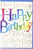 The birthday card depicted here radiates cheerful celebration, its design echoing the colourful, friendly character of Cheshunt's local streets. At the centre, the phrase Happy Birthday stretches across in bold, rounded letters, each one bathed in a different colour that glides effortlessly into the next-deep red becoming burnt orange, then shifting to sunny yellow, spring green, ocean blue, and rich violet. This smooth rainbow effect feels bright and inviting, like a string of bunting fluttering over a birthday party. The letters have a soft sheen that catches the light, giving them a subtle dimensional quality, as though they rest gently on top of the card's surface. Behind the main greeting, the background is completely filled with a repeated line of Happy Birthday to you written in fine, cursive gold script. The metallic ink gleams lightly, creating a shimmering pattern that looks intricate yet understated, like a chorus of whispered good wishes supporting the bold, central message. Around the text, small star shapes and flecks of colour are sprinkled as delicate confetti, enhancing the feeling of fun without overwhelming the eye. The card's overall composition is harmonious and festive, easy to imagine propped beside a vibrant bouquet on a kitchen table near the Old Pond or in a living room close to Cheshunt's leafy residential streets. It conveys a sense of warmth, joy, and care-exactly the kind of card someone might choose when they want their birthday wishes to feel as bright and memorable as the day itself.
