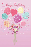 A whimsical birthday celebration seems to come alive in this illustration, where balloons and flowers float together in a pastel dream above Cheshunt. The scene opens on a gentle pink background, like early evening light reflecting off quiet suburban streets. At the centre, a cluster of pastel balloons rises in a loose bouquet, each one uniquely patterned-some swirl with candy-coloured stripes, others are sprinkled with lively polka dots or adorned with dainty floral designs. A heart-shaped balloon glows at the middle, giving the whole cluster a feeling of warmth and closeness. The colours are soft yet uplifting: blush pink, sea green, lemon yellow, teal, and lavender blending into one another. Below this airy display sits a compact hand-tied bouquet of delicate roses and anemone-style blooms in creamy white, blush, and soft mauve, their petals rounded and feathery as though freshly picked from a local garden. Flower Delivery Cheshunt might have gathered such a bouquet for a birthday surprise near The Old Pond, tying it neatly with a rich violet satin bow that catches the light. Tiny stars and butterflies wander through the composition, adding a hint of fairy-tale charm and quiet excitement, like the buzz before guests arrive. The lighting is soft and even, caressing each petal and balloon, allowing their colours and shapes to stand out without harsh contrast. Altogether, the design feels light, sweet, and joyfully festive, perfectly capturing the spirit of a birthday meant to be bright, lovingly remembered, and shared with someone special in Cheshunt.