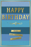 This birthday card is shown front-on, revealing a calm yet festive design that would look at home on a mantelpiece in Cheshunt, perhaps beside a jug of seasonal flowers. The background is formed by wide horizontal stripes, each stripe a slightly different shade of blue. Starting with a rich navy at the bottom and gradually lifting through denim, teal, and lighter sky tones at the top, the colours melt into one another, creating a soft gradient that feels soothing and expansive, like looking up at an open Hertfordshire sky. Across the centre, the words HAPPY BIRTHDAY appear in large, embossed gold letters. The capitals are bold but elegantly spaced, and the metallic finish allows them to shimmer gently as the light moves, giving the impression of a quiet, dignified celebration. Immediately beneath, a graceful gold flourish scrolls from side to side, introducing a touch of ornate detail that contrasts nicely with the card's clean lines. Below this flourish, three narrow golden banners stretch horizontally, each bearing part of the friendly message: Relax, have a great day and enjoy! The banners and text are sharp and readable, arranged with enough space to let the eye rest comfortably between lines. A slim gold border encloses the card, echoing the other metallic accents and giving a clear, finished edge to the design. The surface of the card looks smooth and slightly matte, with the gold elements raised and reflective, offering a subtle tactile difference if held in your hand. Overall, the card conveys a mood of calm happiness and thoughtful intention, ideal to accompany a locally delivered birthday bouquet in Cheshunt for someone who appreciates quiet style and sincere, gentle wishes.