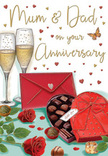This anniversary card illustration portrays an intimate celebration scene, drawn with the same thoughtfulness that Flower Delivery Cheshunt brings to a hand-tied bouquet. At the focal point, two slender champagne flutes stand side by side, their clear glass catching soft, golden reflections. Inside, light champagne sparkles with fine bubbles that rise gracefully, conveying the sense of a toast about to be shared. In front of the glasses sits a heart-shaped box of chocolates in a rich, romantic red, topped with a generous, flowing ribbon bow whose loops curl gently over the lid. The box is slightly open, revealing an orderly selection of round chocolates nestled within, their varied shades of cocoa and caramel suggesting indulgent flavours. To the side, two velvety red roses are laid gently across the table surface, petals in full, lush bloom and edged by dark green leaves that bring a burst of natural colour, reminiscent of fresh stems ready for delivery around The Old Pond and beyond. A few scattered chocolates lie near the roses, hinting at a shared treat. At the front, a vivid red envelope sits neatly sealed, suggesting a handwritten anniversary message for Mum & Dad, filled with private, affectionate words. Against a warm, cream background, tiny gold and crimson hearts float and twirl like confetti in soft light, adding an atmosphere of playfulness and romance. The rich reds, glowing gold tones, and comforting neutrals combine to evoke the scent of roses, the taste of chocolate, and the quiet happiness of celebrating enduring love in a Cheshunt home.